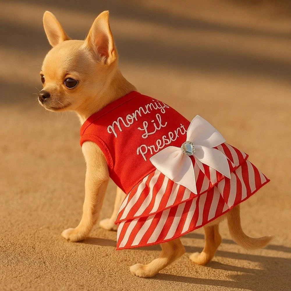 Red Mommy Lil Present Dog Dress Puppy Pet Clothes Sparkly Bow Holiday‎